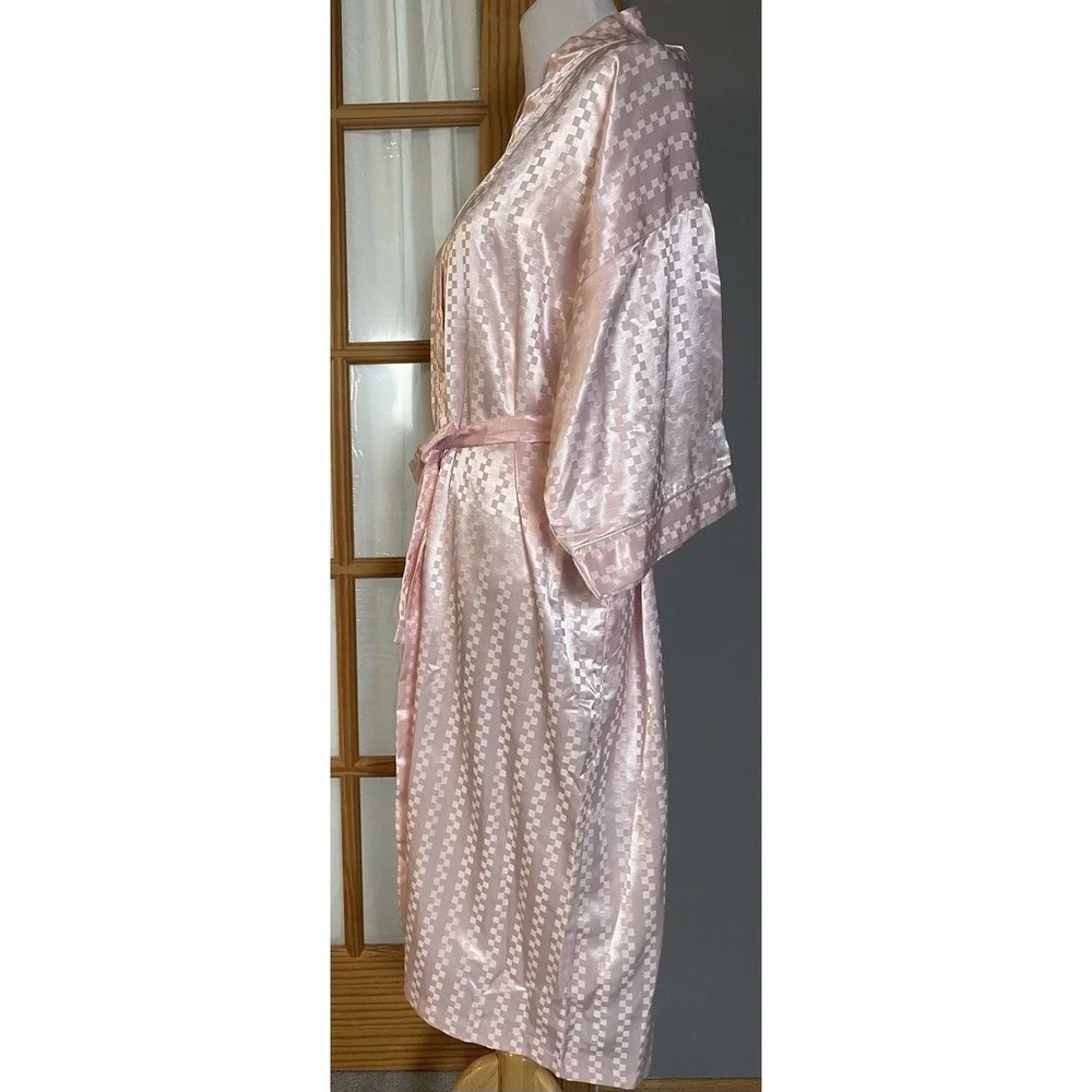 Vtg Lord & Taylor Kimono Long Robe Women's Intimate Sz M Pink Satin Check Pocket